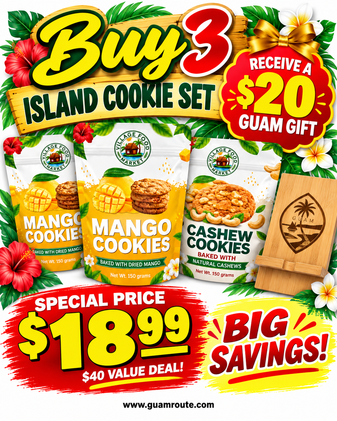 Island Cookie Set special: 2 Mango Cookies and 1 Cashew Cookies with a free Guam Seal bamboo phone stand for $18.99
