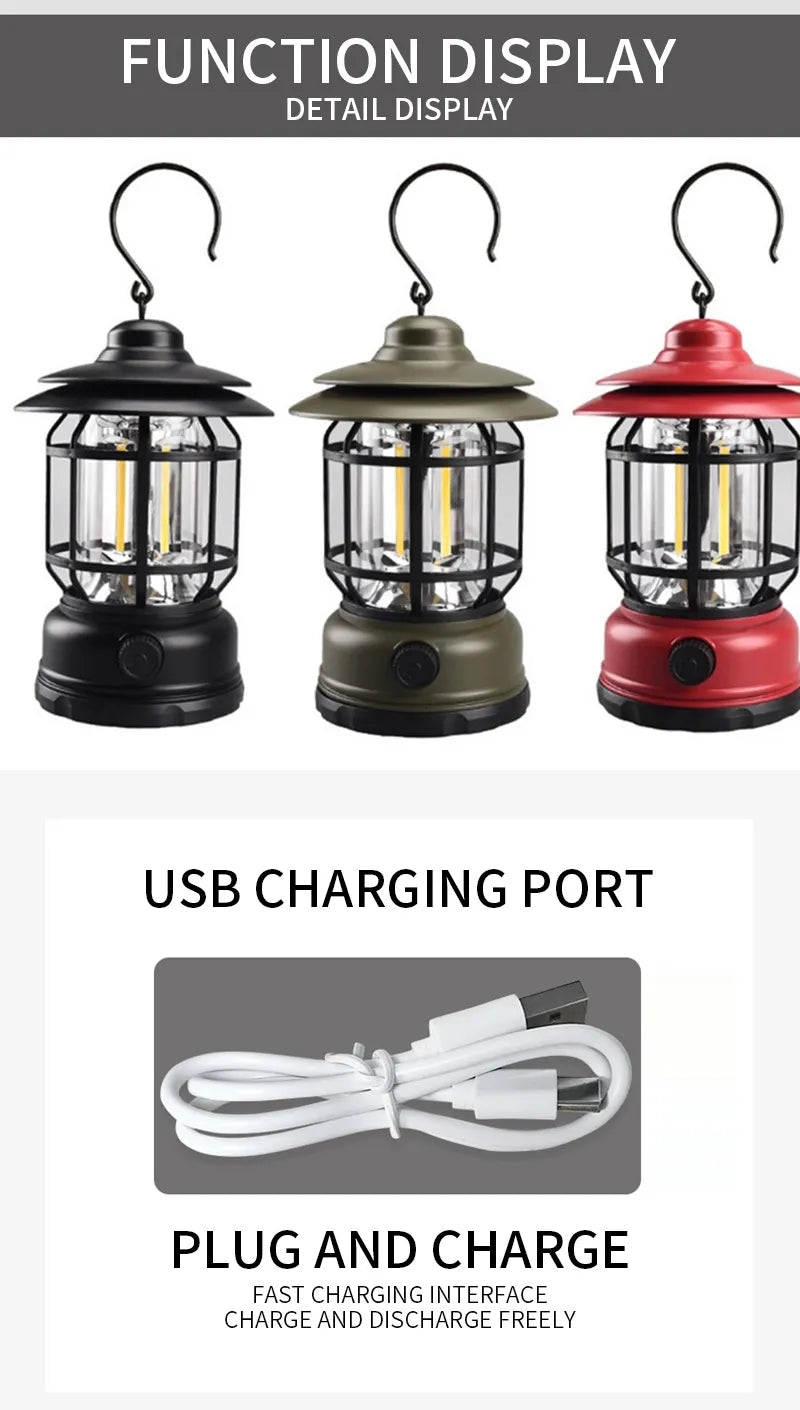 Retro LED Camping Lantern – Dimmable, Rechargeable Hanging Lamp