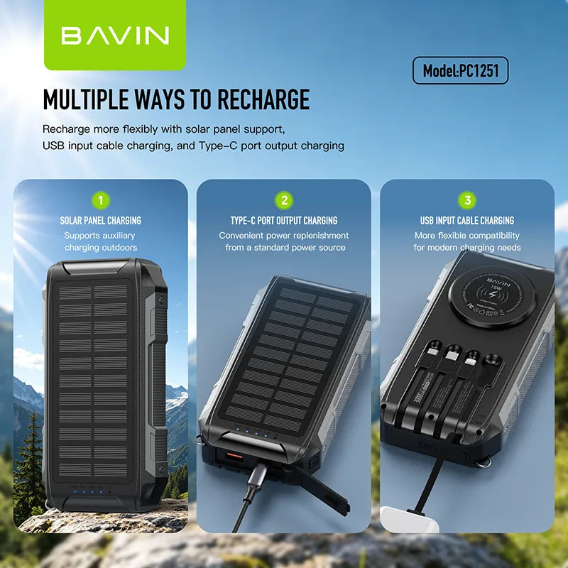 BAVIN PC1251 Solar Power Bank 30,000mAh — Emergency Backup Charger