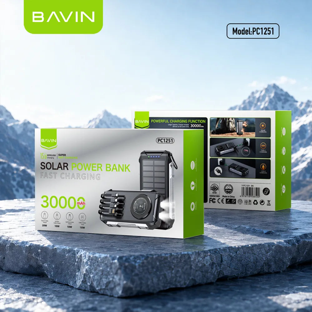 BAVIN PC1251 Solar Power Bank 30,000mAh — Emergency Backup Charger