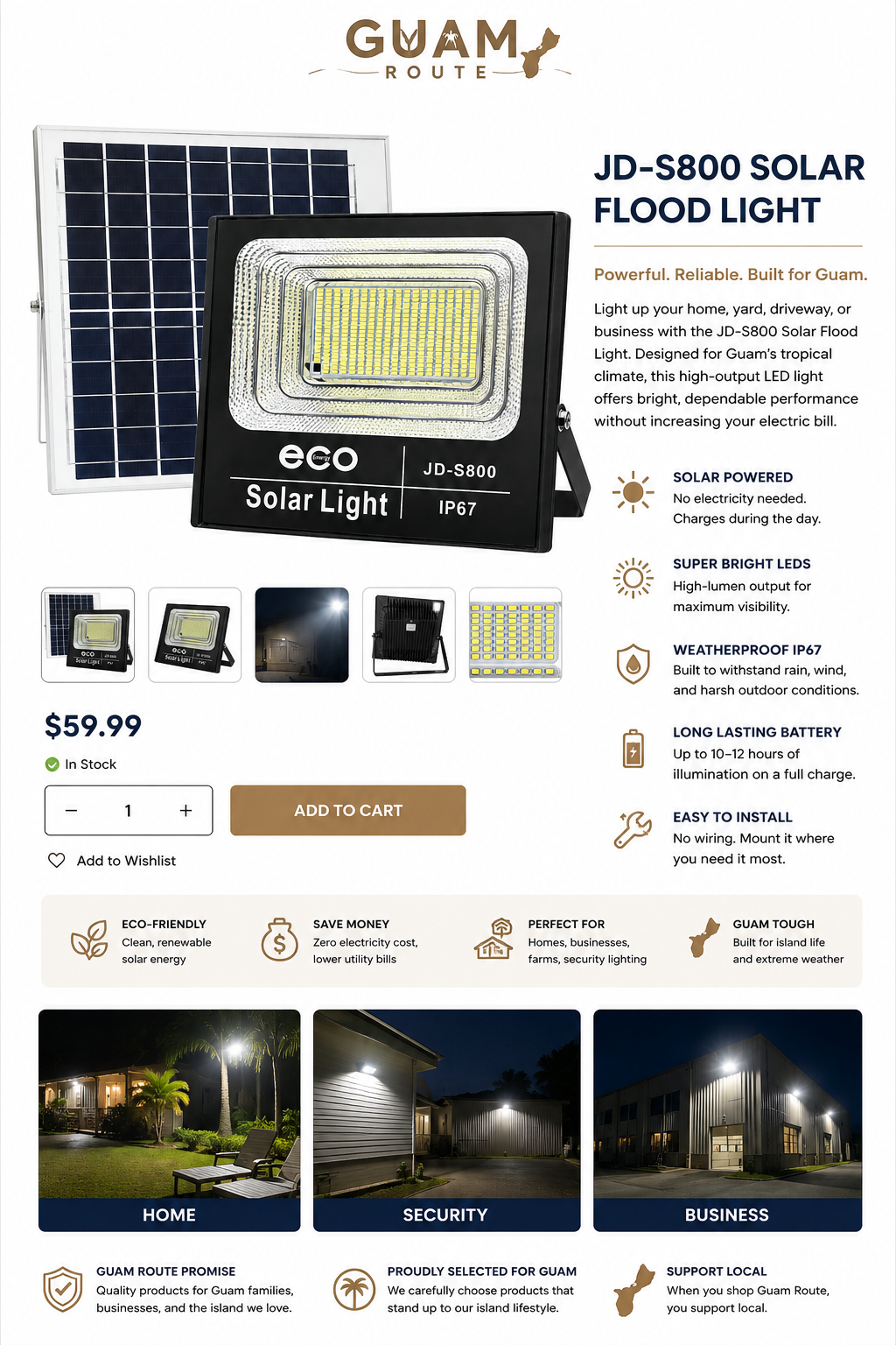 GuamReady Solar 800 Flood Light – Waterproof IP67 LED Security Light