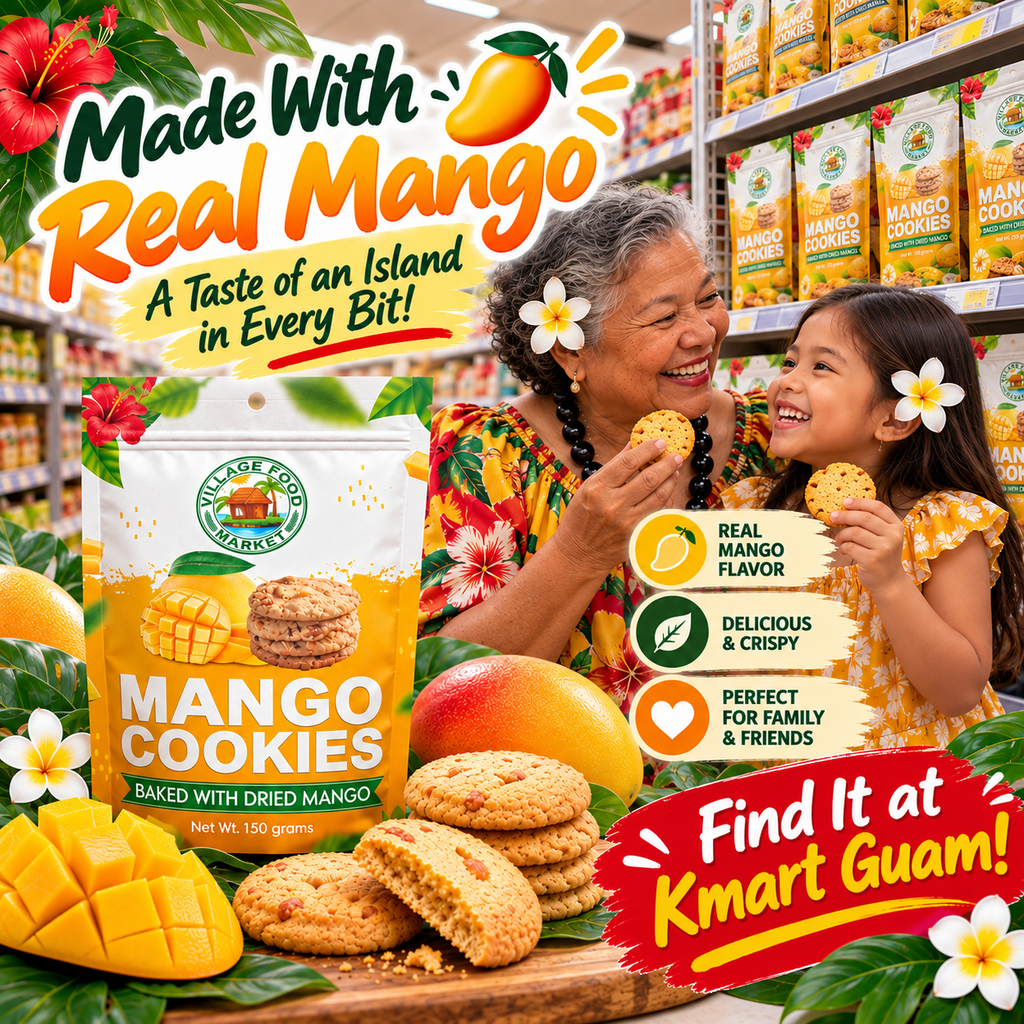 Grandmother and granddaughter enjoying Village Food Market mango cookies made with real mango – available at Kmart Guam