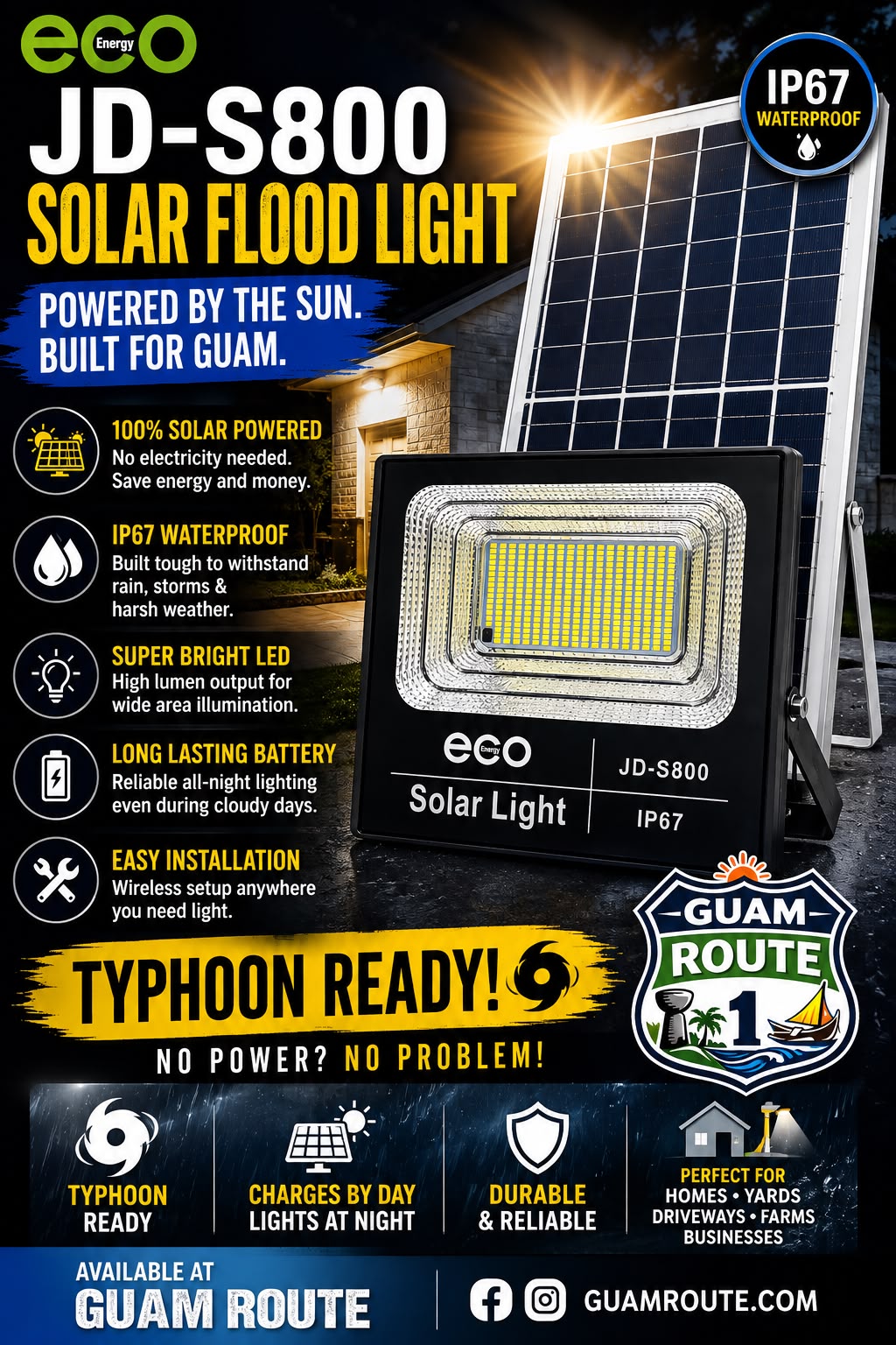 GuamReady Solar 800 Flood Light – Waterproof IP67 LED Security Light