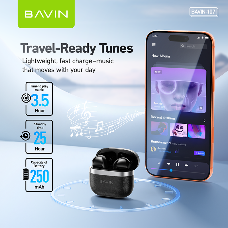 BAVIN BA107 Mini Bluetooth 5.4 Hi-Fi Earbuds with Leather-Style Case detail 3