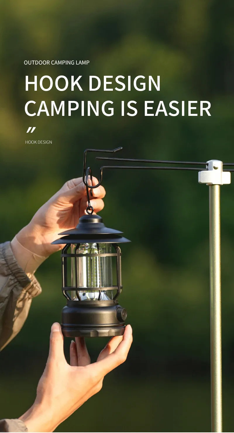 Retro LED Camping Lantern – Dimmable, Rechargeable Hanging Lamp