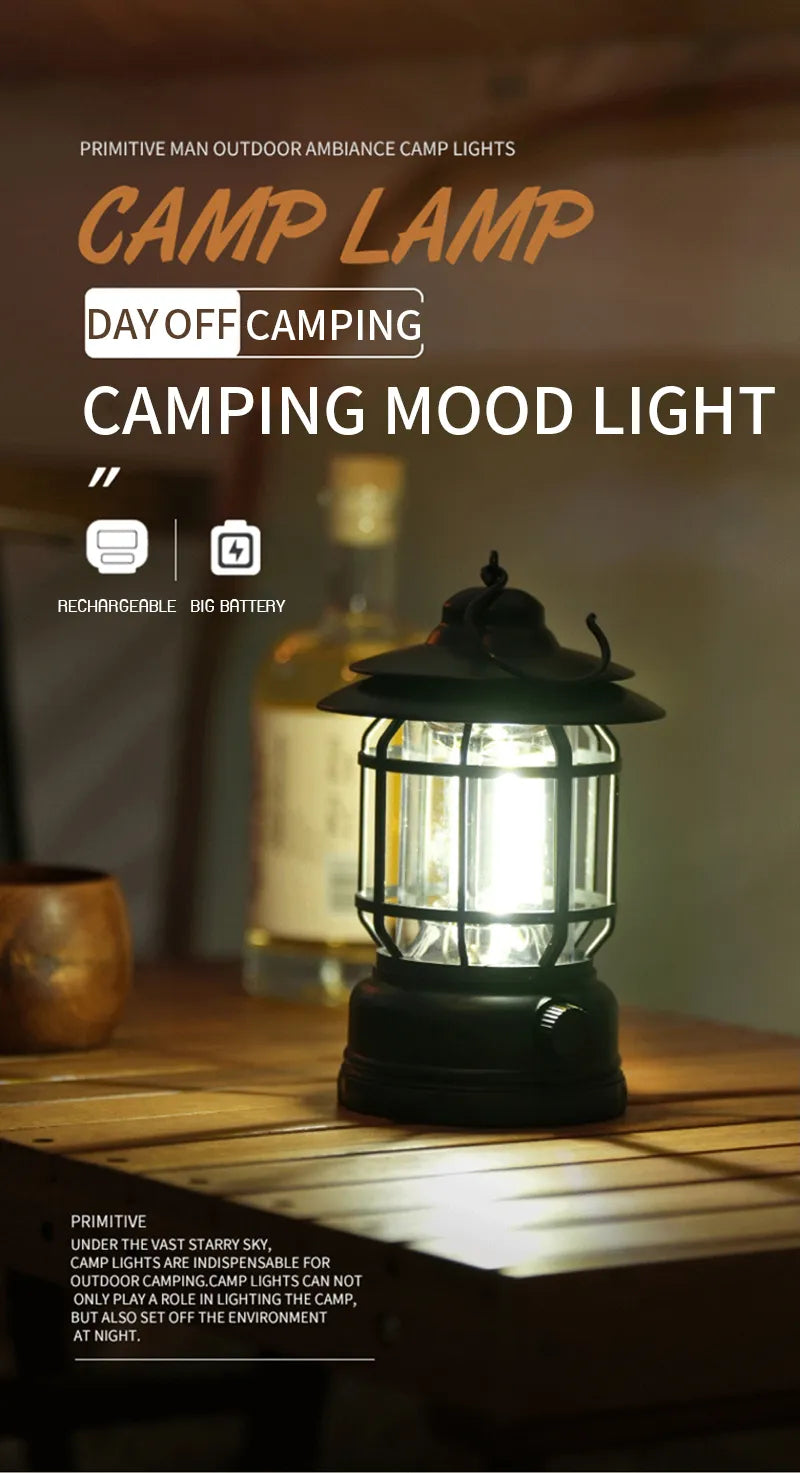 Retro LED Camping Lantern – Dimmable, Rechargeable Hanging Lamp