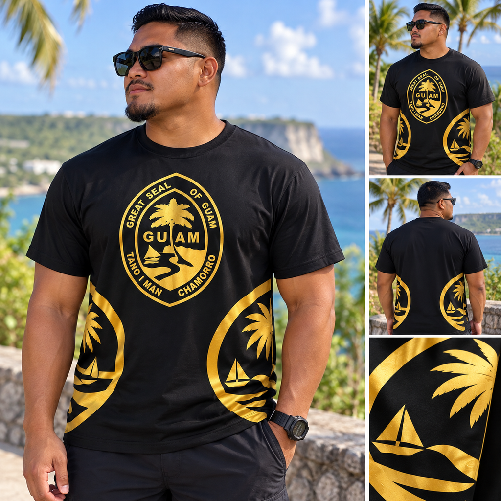 Man wearing the black and gold Guam Seal t-shirt on a Guam coastline