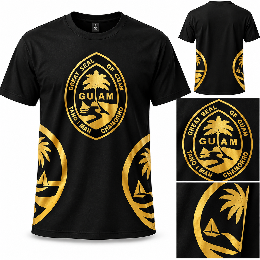 Black and gold Guam Seal tee – front, back and close-up of the gold seal print
