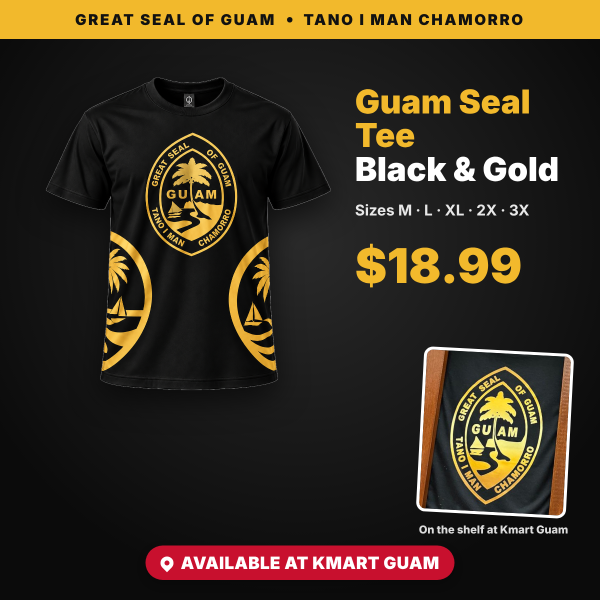 Guam Seal T-Shirt Black & Gold, sizes M–3X, $18.99 – available at Kmart Guam