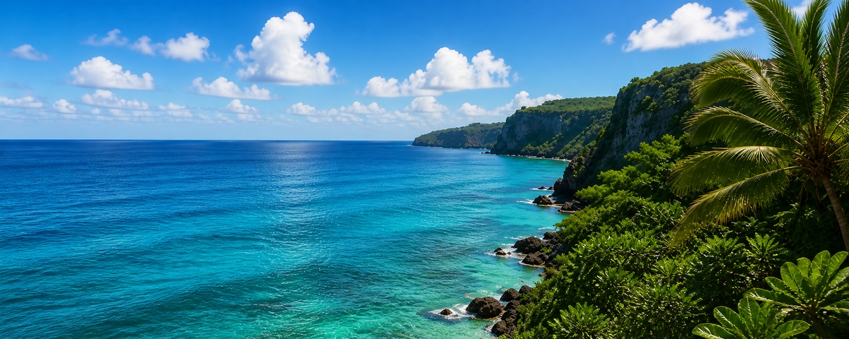 Guam's turquoise coastline with green limestone cliffs and palm trees