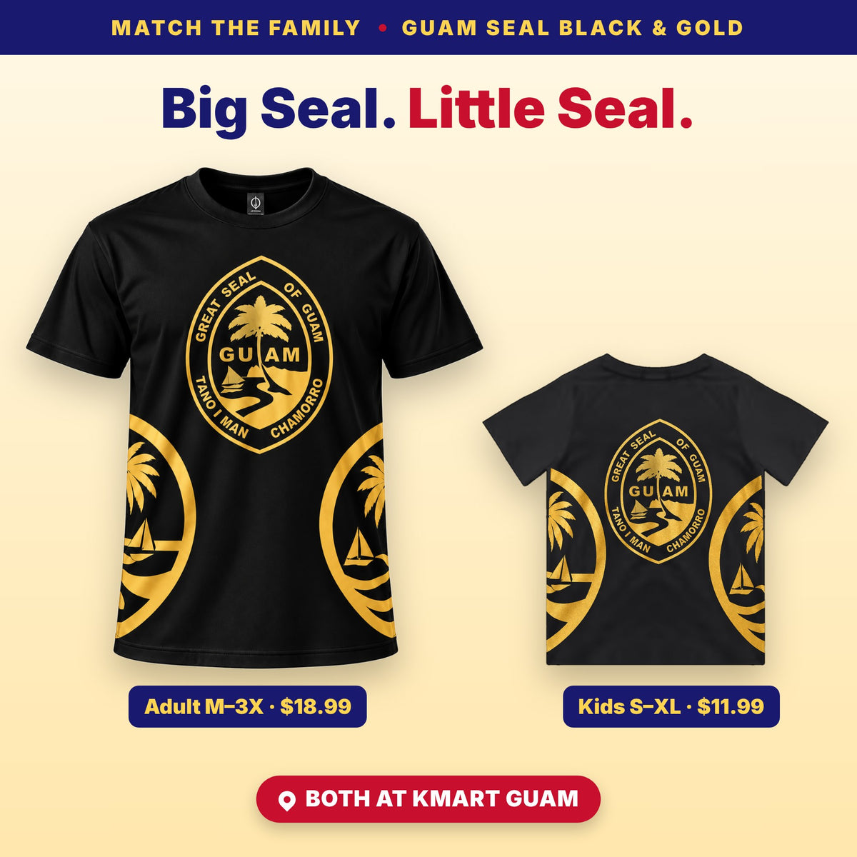 Matching adult and kids Guam Seal black and gold t-shirts