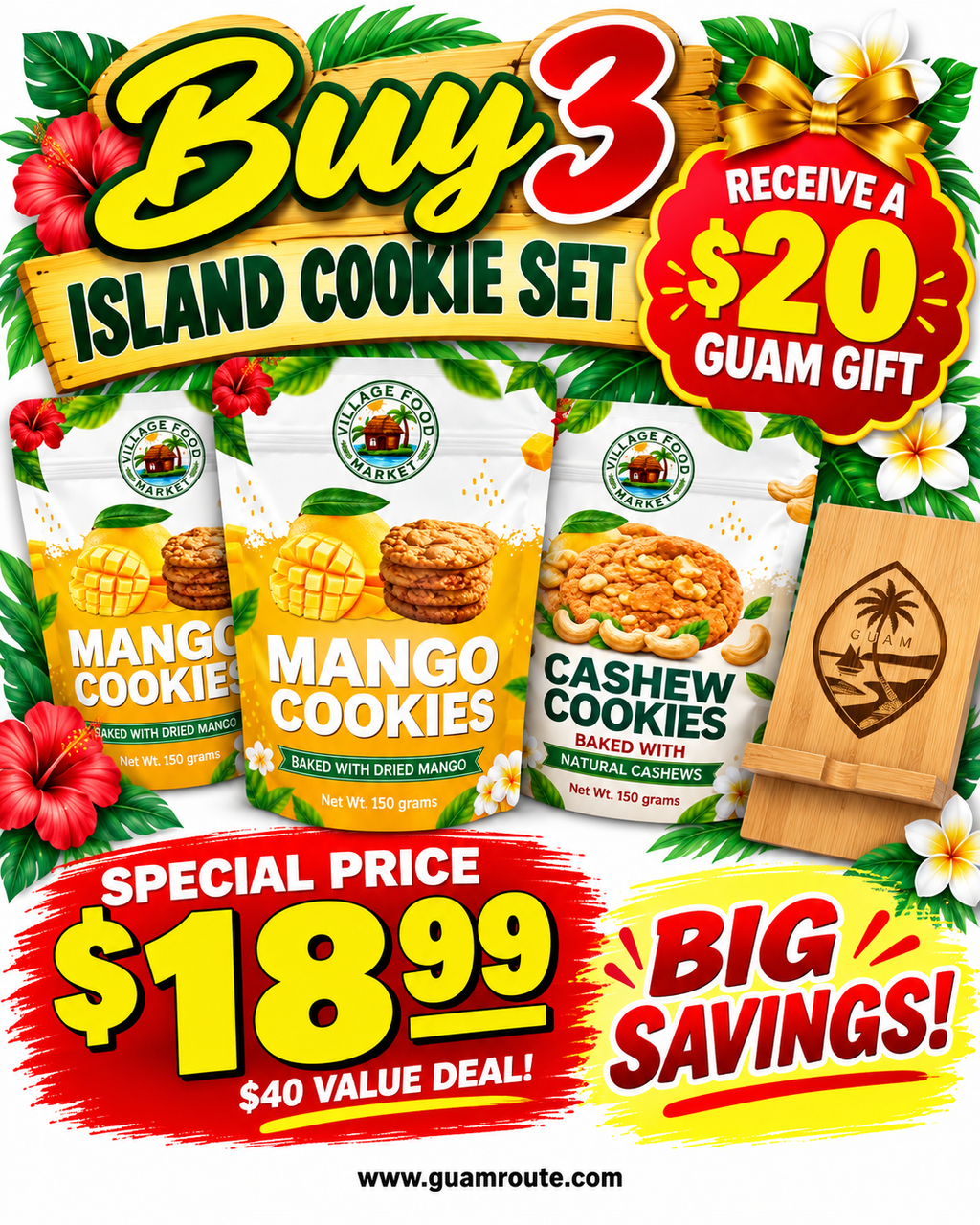 Island Cookie Set special – 2 Mango Cookies and 1 Cashew Cookies with a free Guam Seal bamboo phone stand, $18.99