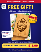 FREE laser-engraved Guam Seal bamboo phone stand ($20 value) with every Island Cookie Set – holiday special $18.99 at Kmart Guam and guamroute.com