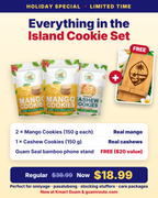 What's in the Island Cookie Set: 2 Mango Cookies, 1 Cashew Cookies and a free Guam Seal phone stand – regular $38.99, now $18.99