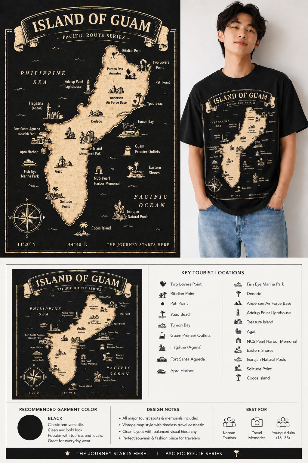 Man wearing the black Island of Guam Pacific Route Series map tee