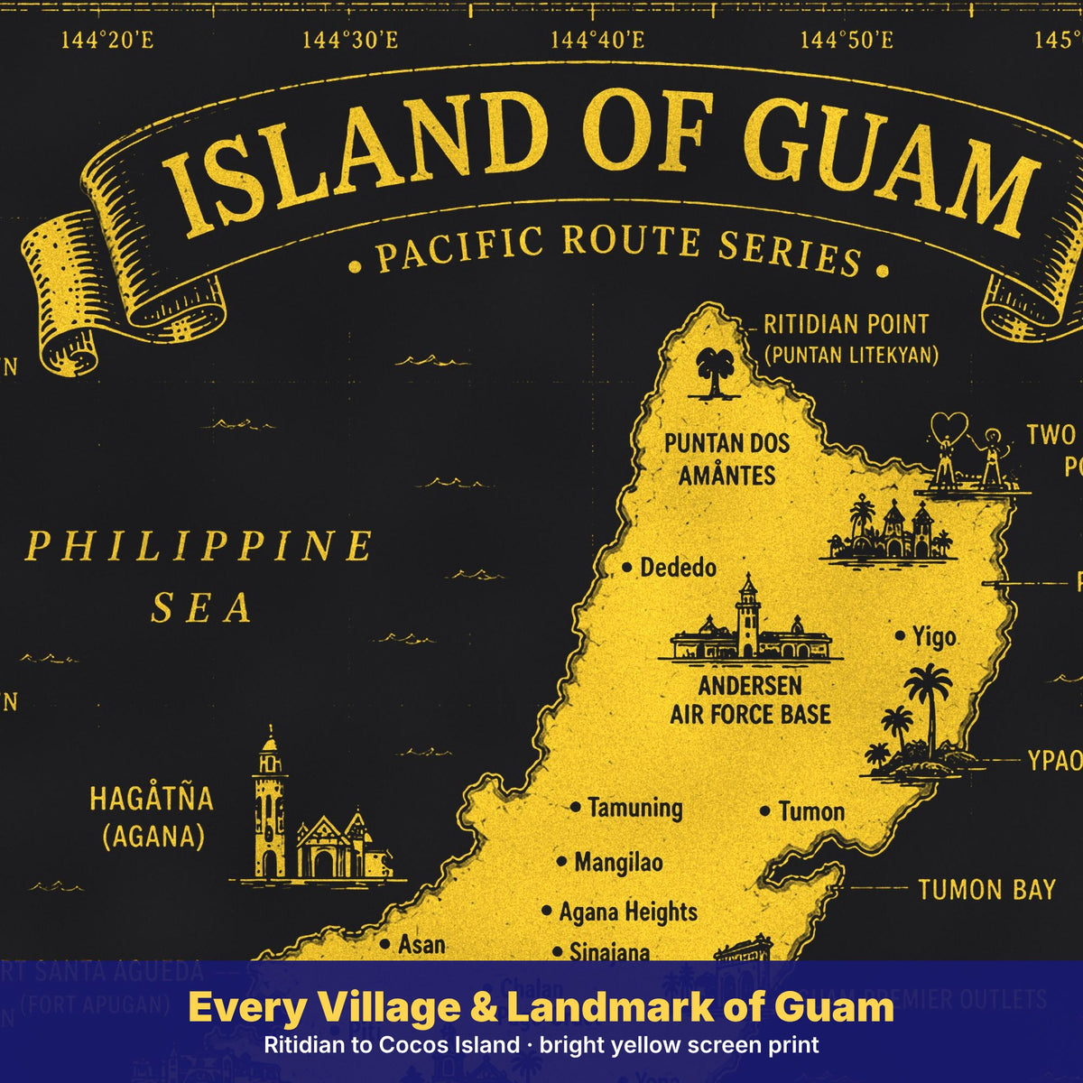Close-up of the Island of Guam map print on black showing Hagåtña, Dededo, Yigo and Two Lovers Point