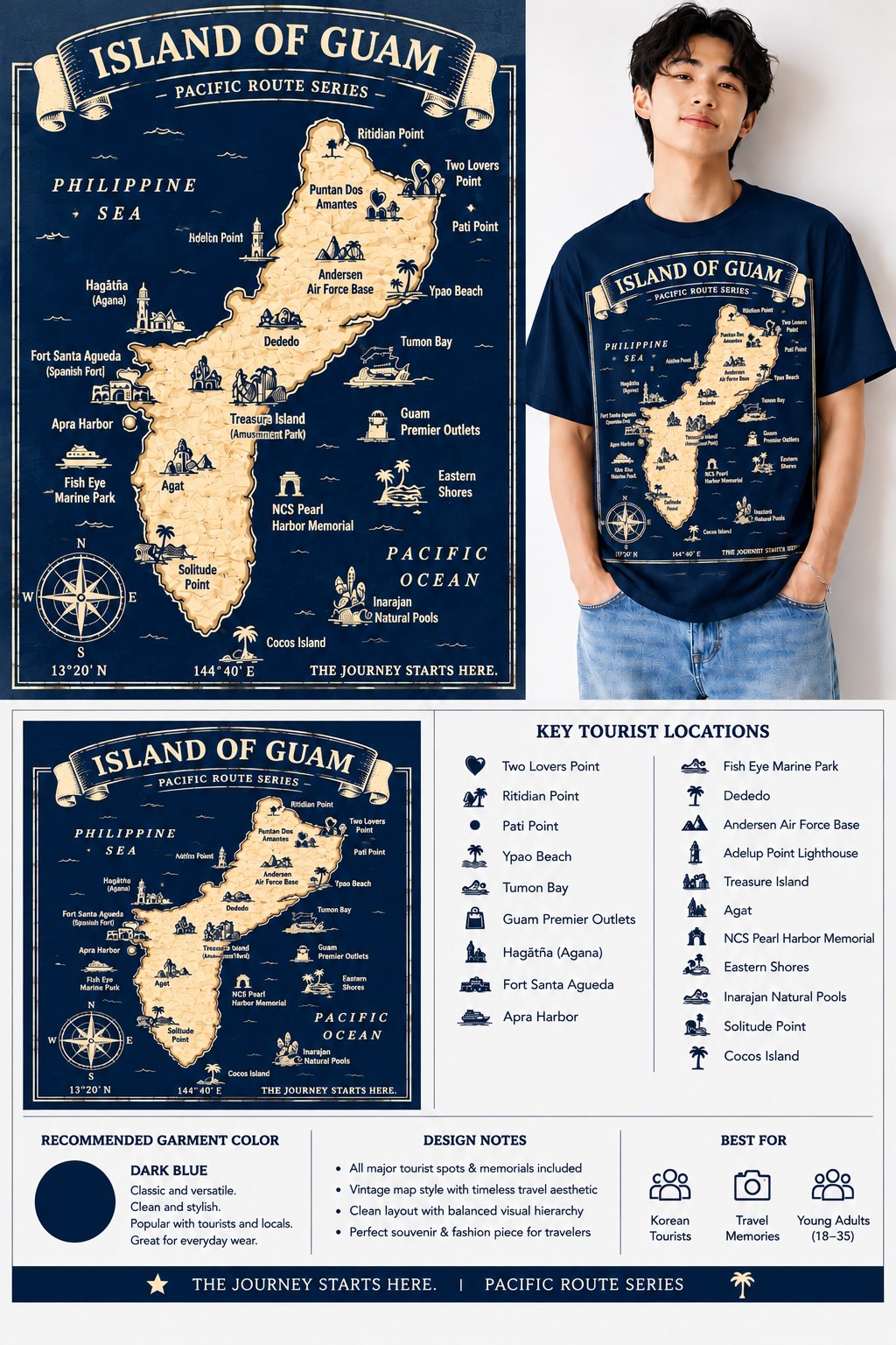 Man wearing the blue Island of Guam Pacific Route Series map tee