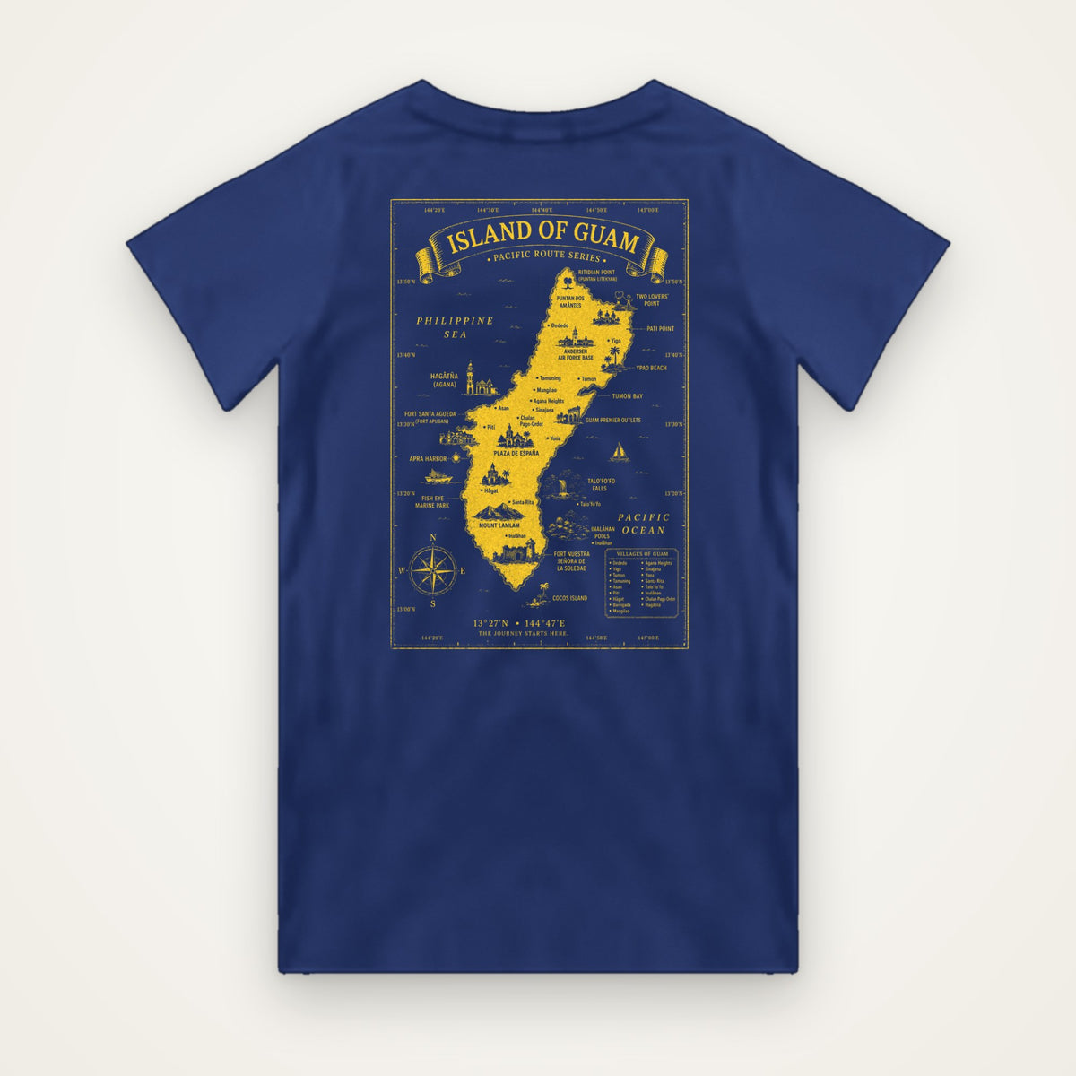 Island of Guam map t-shirt in navy blue with bright yellow Guam map print