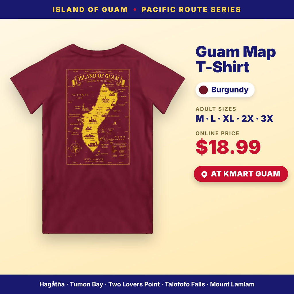 Guam map t-shirt burgundy, adult sizes M–3X, $18.99, available at Kmart Guam