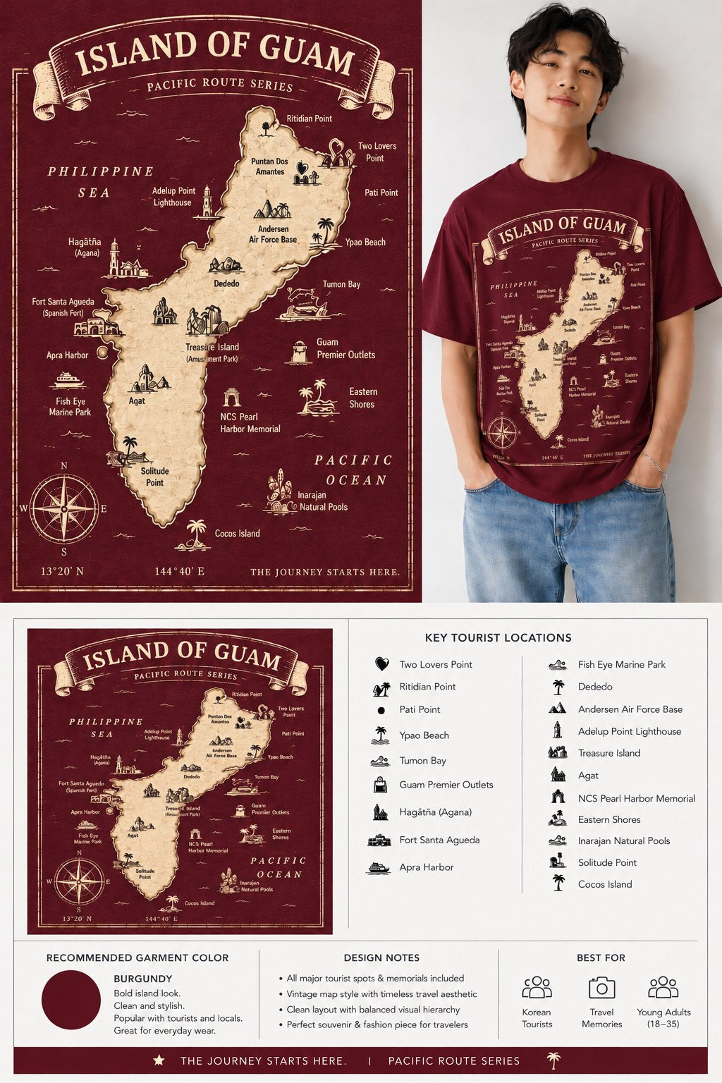 Burgundy Island of Guam Pacific Route Series tee with key tourist locations on the map