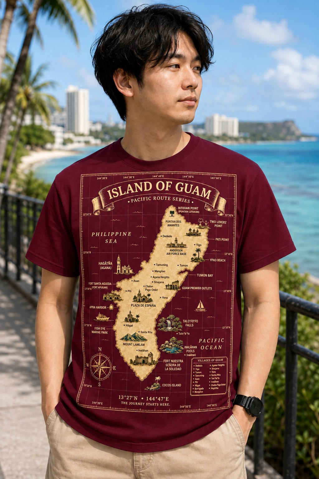 Man wearing the burgundy Island of Guam map tee by the ocean in Tumon, Guam