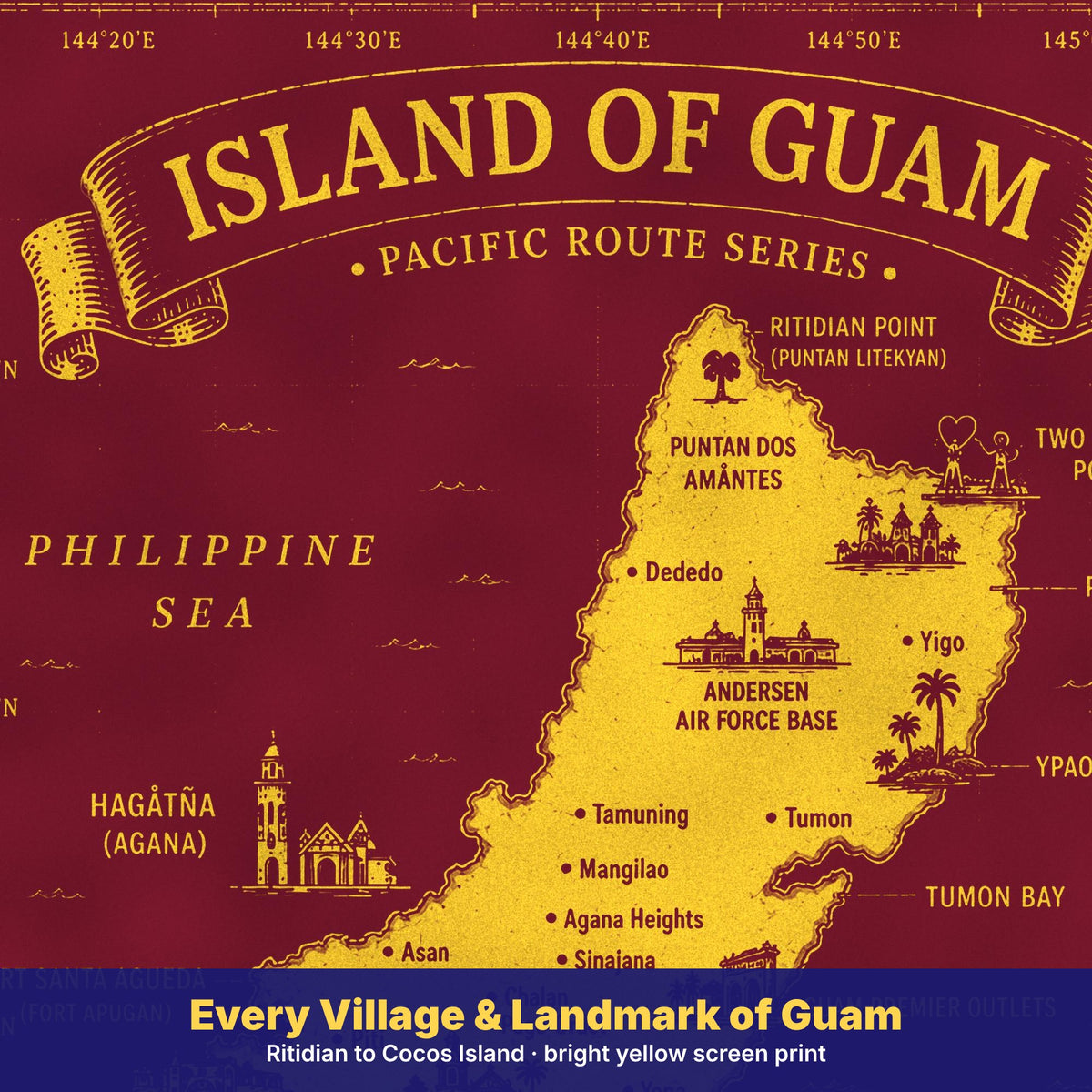 Close-up of the Island of Guam map print showing Hagåtña, Dededo, Yigo and Two Lovers Point