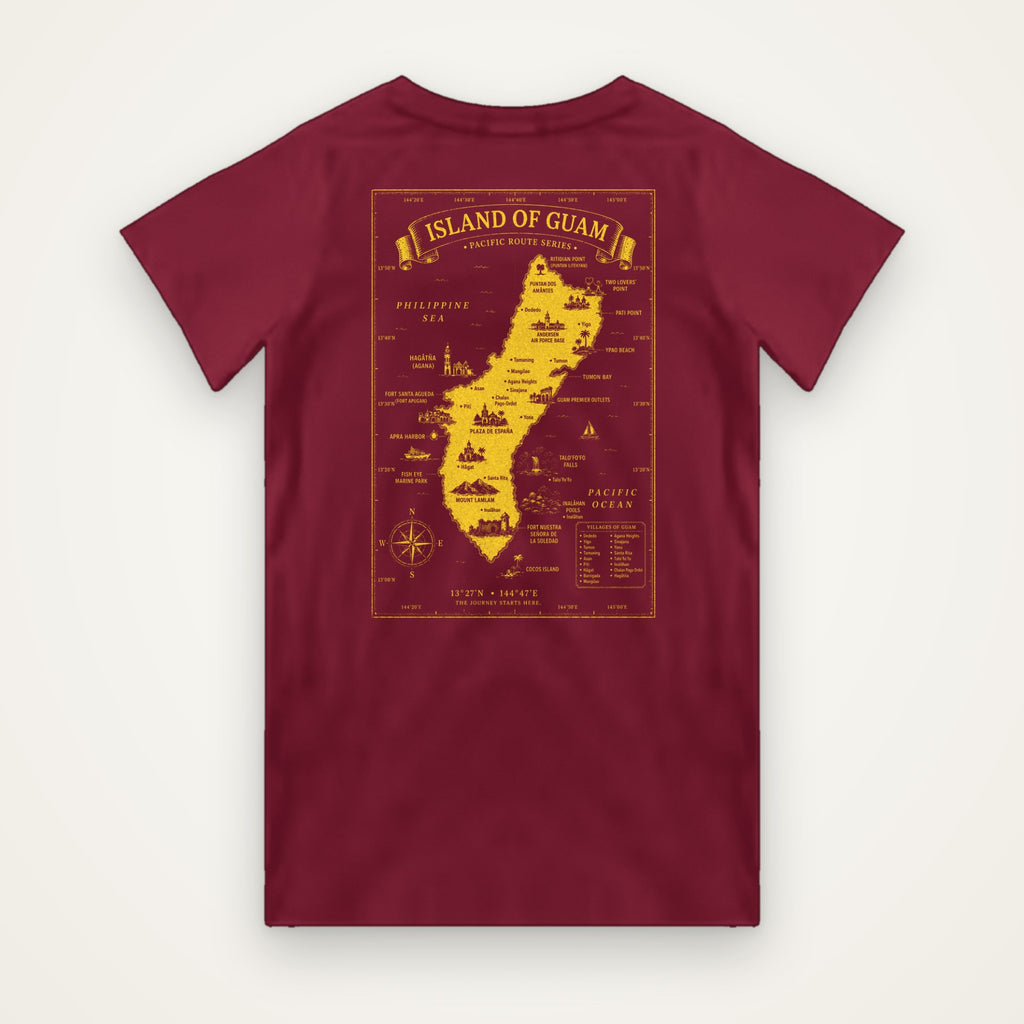 Island of Guam map t-shirt in burgundy with bright yellow Guam map print