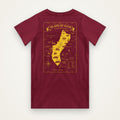 Island of Guam map t-shirt in burgundy with bright yellow Guam map print