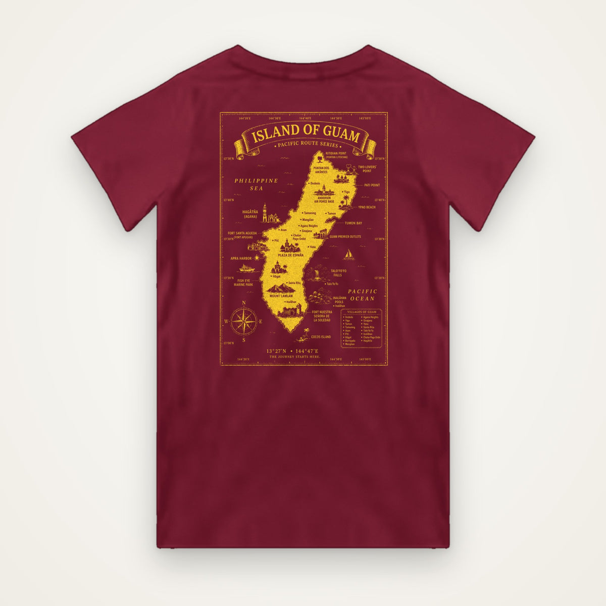 Island of Guam map t-shirt in burgundy with bright yellow Guam map print