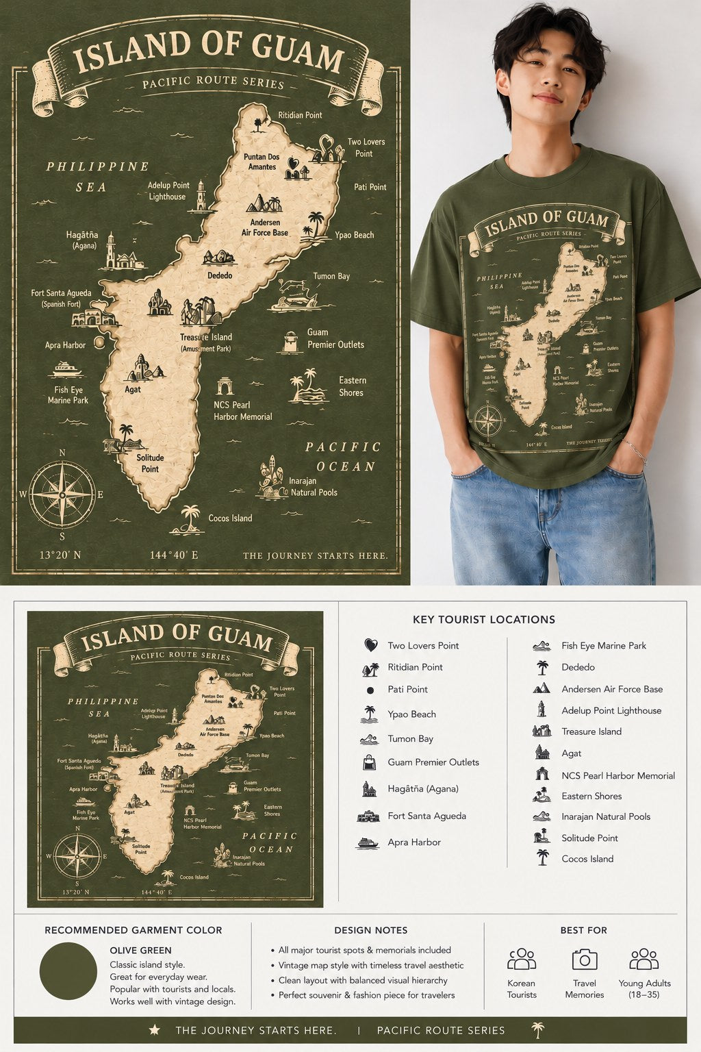 Man wearing the army green Island of Guam Pacific Route Series map tee