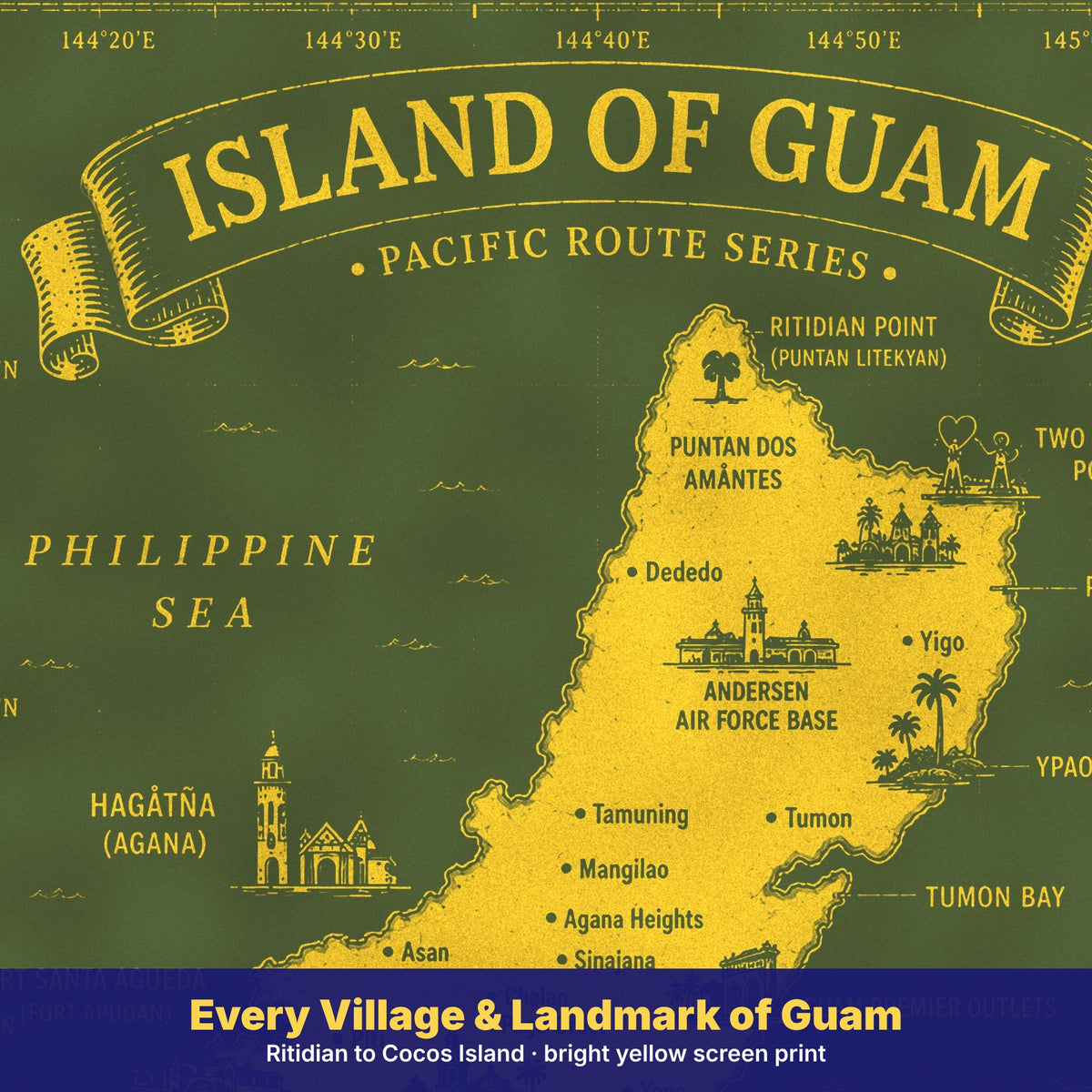 Close-up of the Island of Guam map print on green showing Hagåtña, Dededo, Yigo and Two Lovers Point