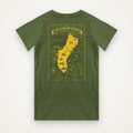 Island of Guam map t-shirt in olive green with bright yellow Guam map print