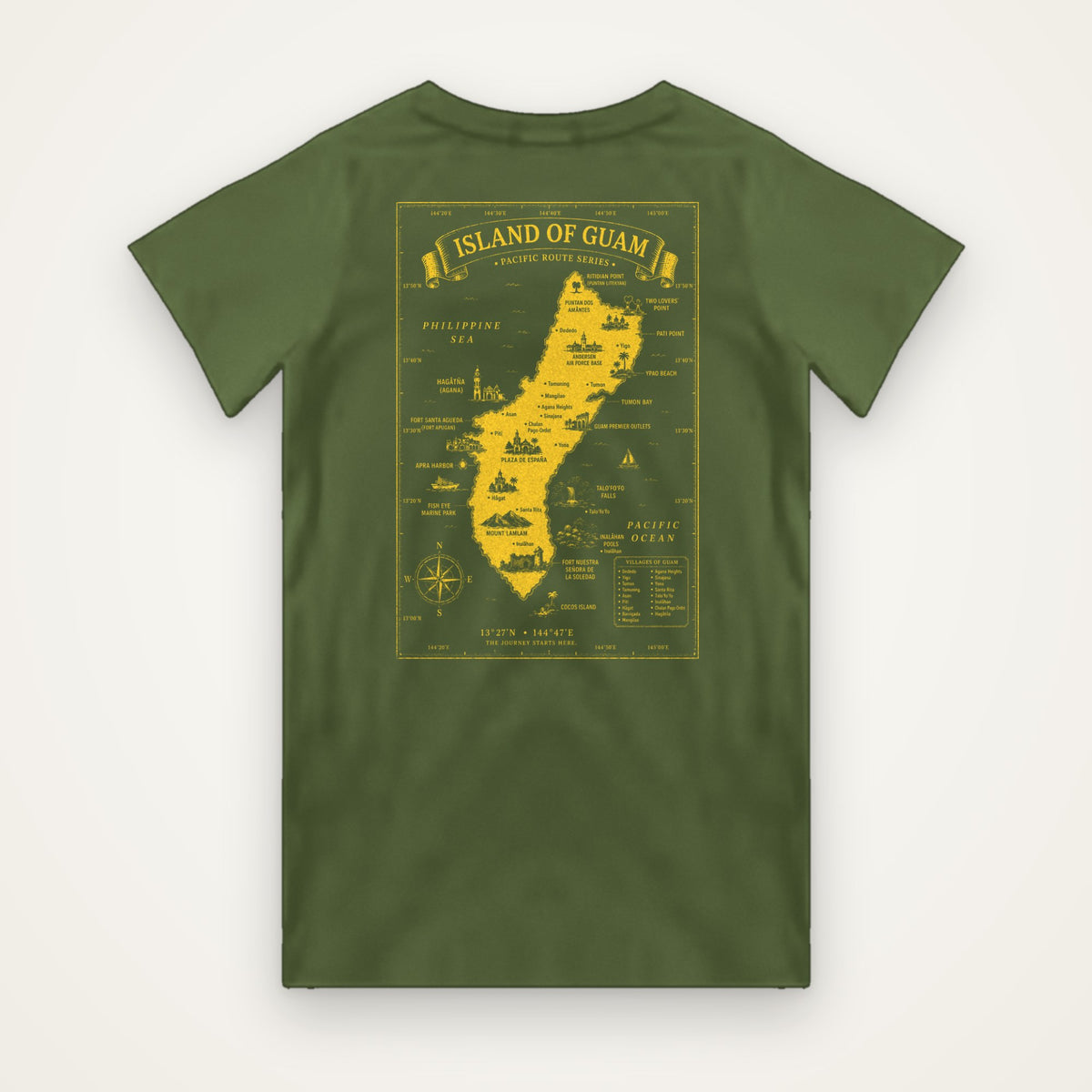 Island of Guam map t-shirt in olive green with bright yellow Guam map print