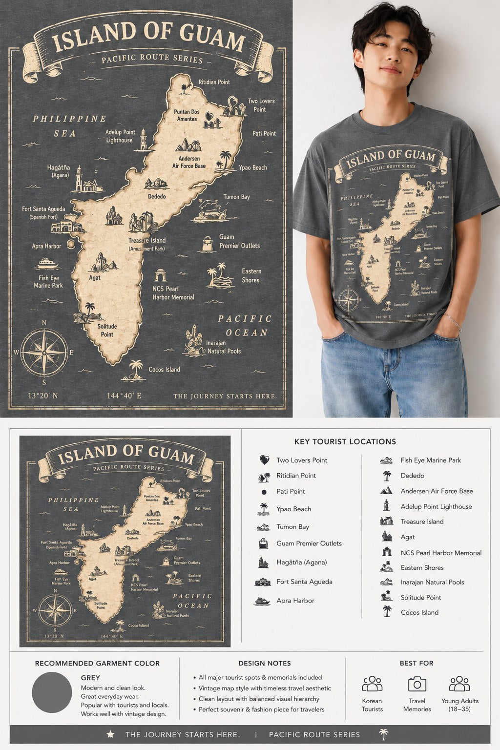 Grey Island of Guam Pacific Route Series tee with key tourist locations on the map