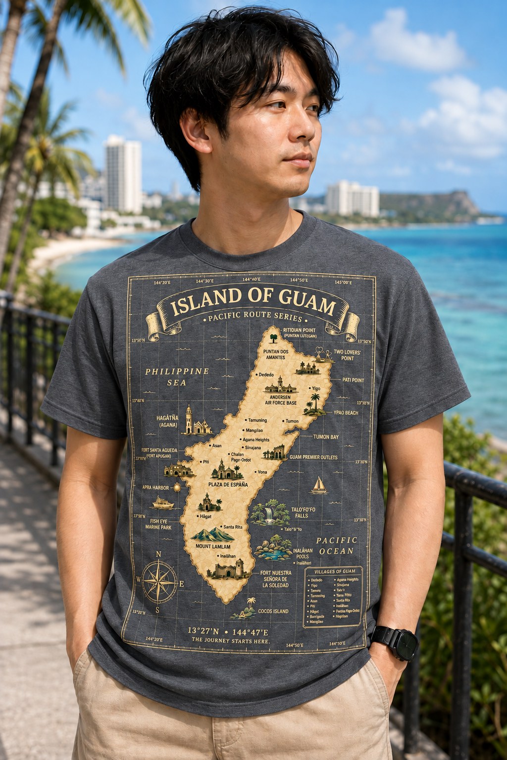 Man wearing the grey Island of Guam map tee on the Tumon coastline in Guam