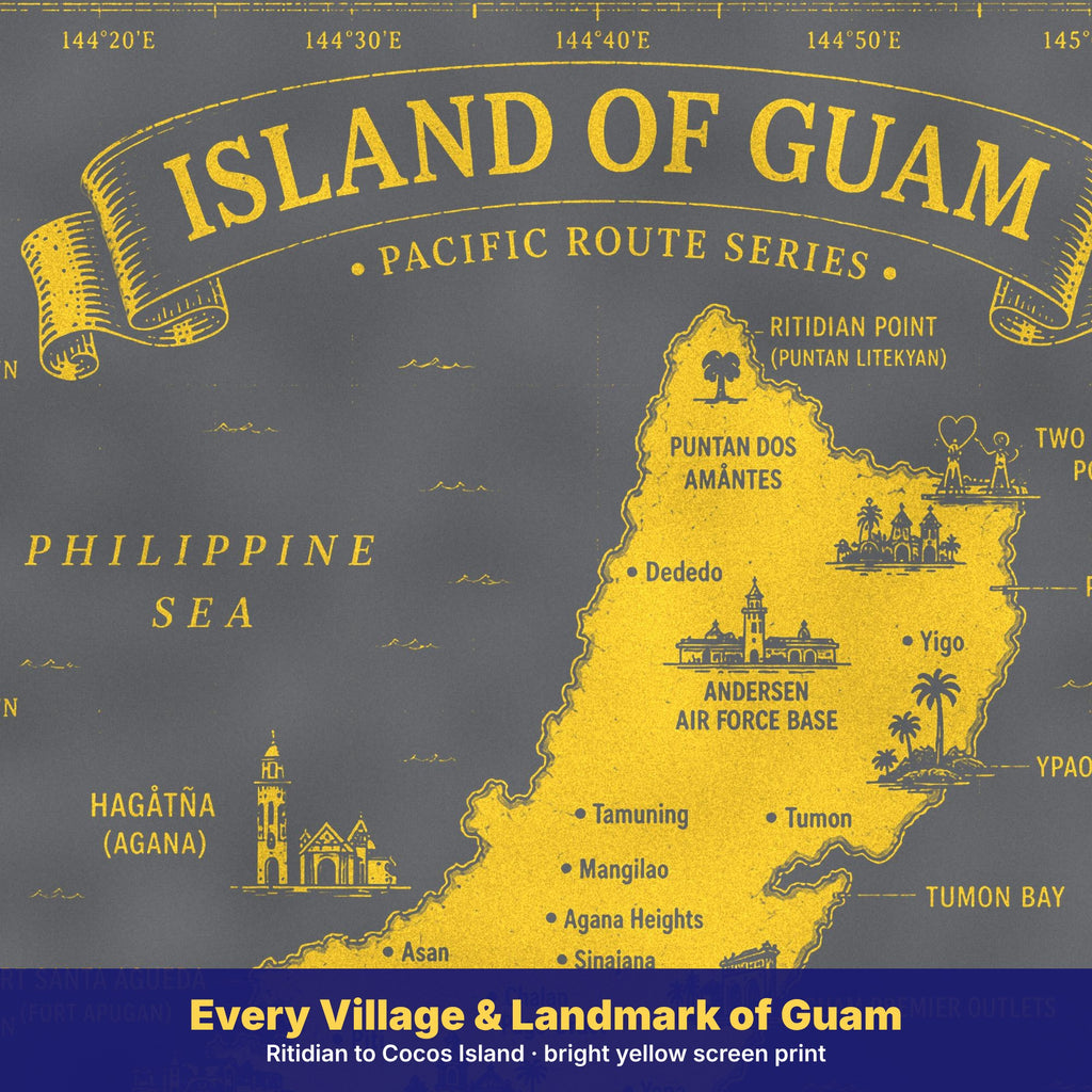 Close-up of the Island of Guam map print on grey showing Hagåtña, Dededo, Yigo and Two Lovers Point