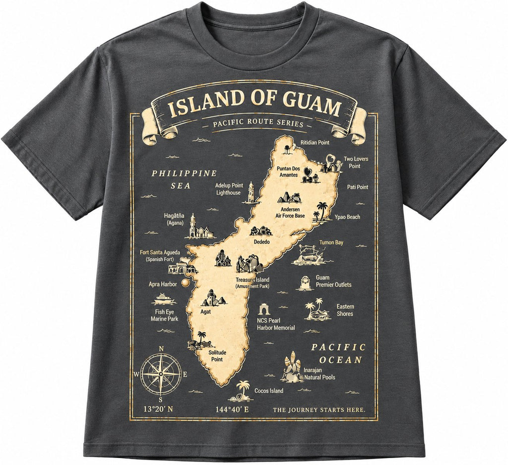 Island of Guam map t-shirt in grey with bright yellow Guam map print