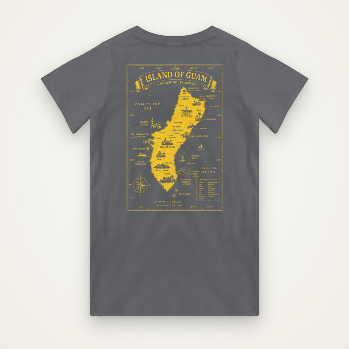 Island of Guam map t-shirt in grey with bright yellow Guam map print