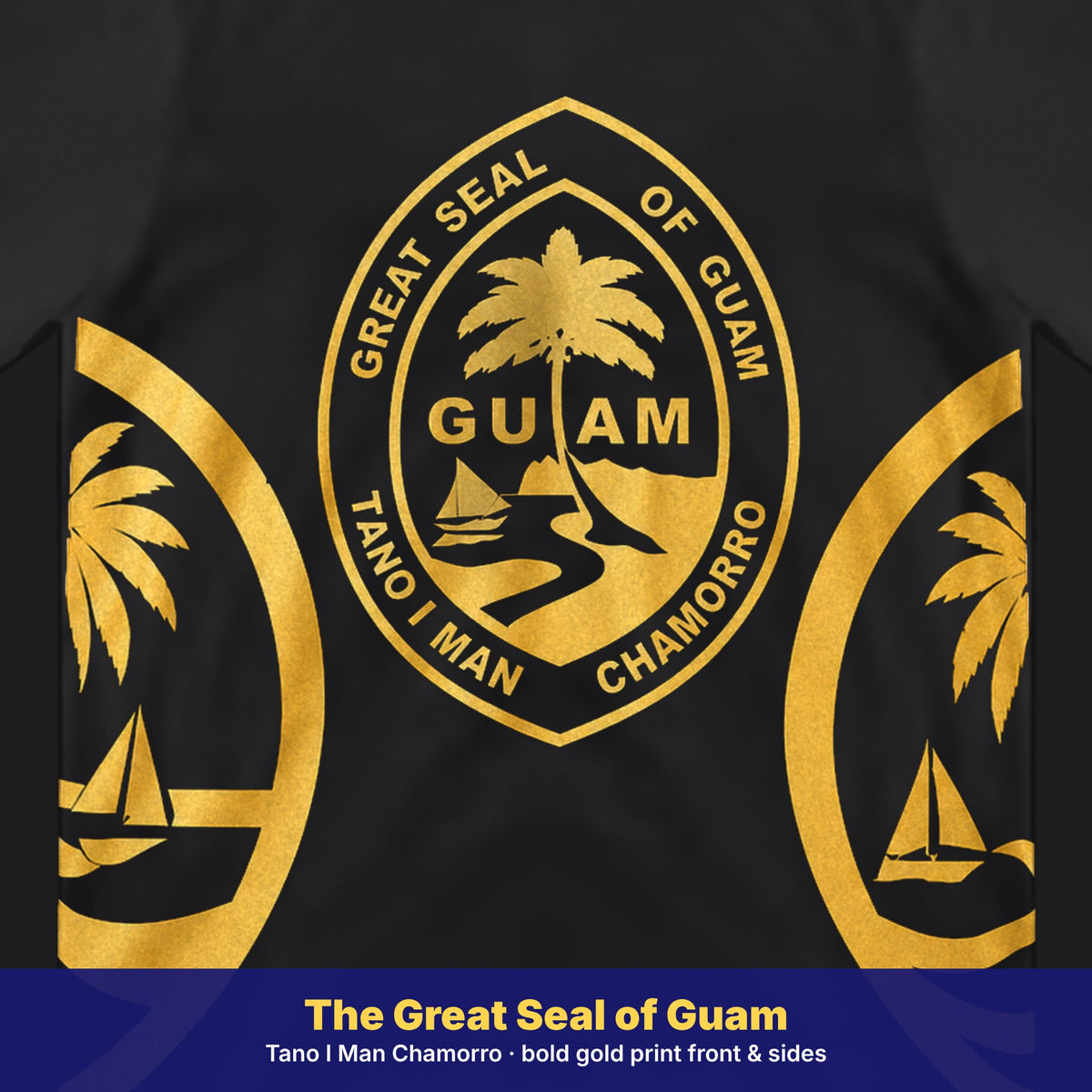 Close-up of the gold Great Seal of Guam print – Tano I Man Chamorro