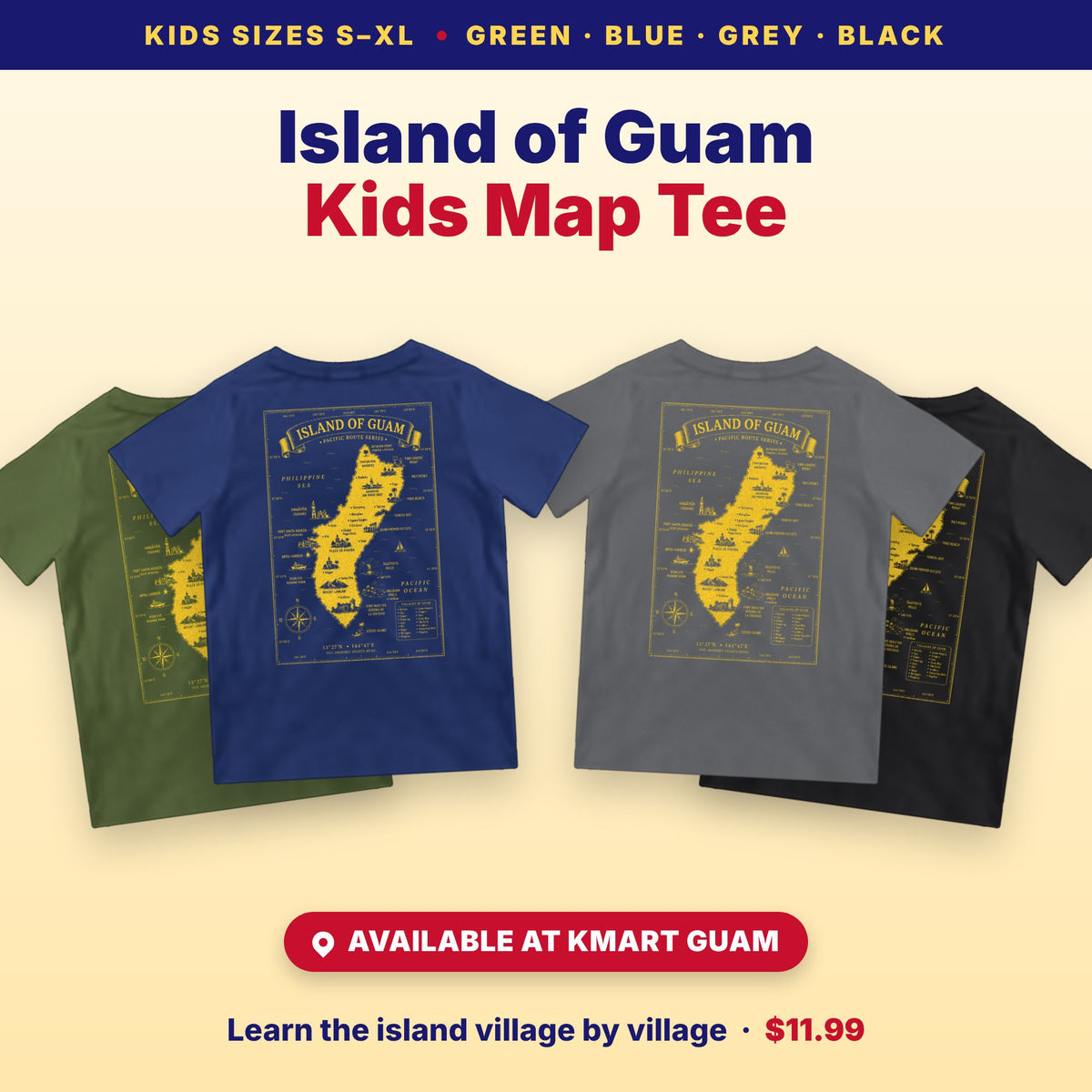 Kids Island of Guam map t-shirts in green, blue, grey and black – available at Kmart Guam