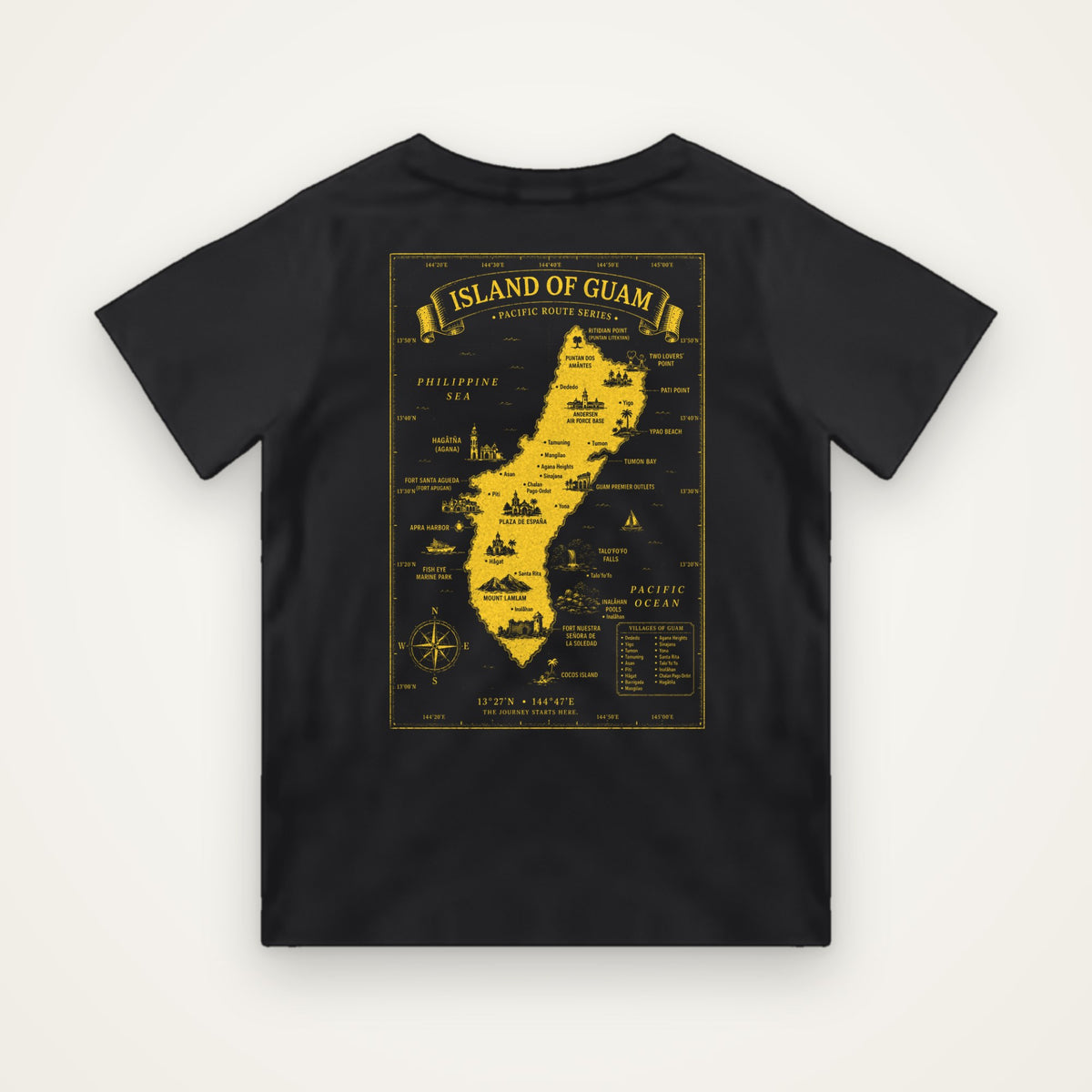 Kids Island of Guam map t-shirt in black with bright yellow Guam map print