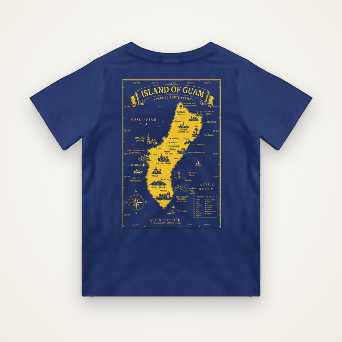 Kids Island of Guam map t-shirt in blue with bright yellow Guam map print
