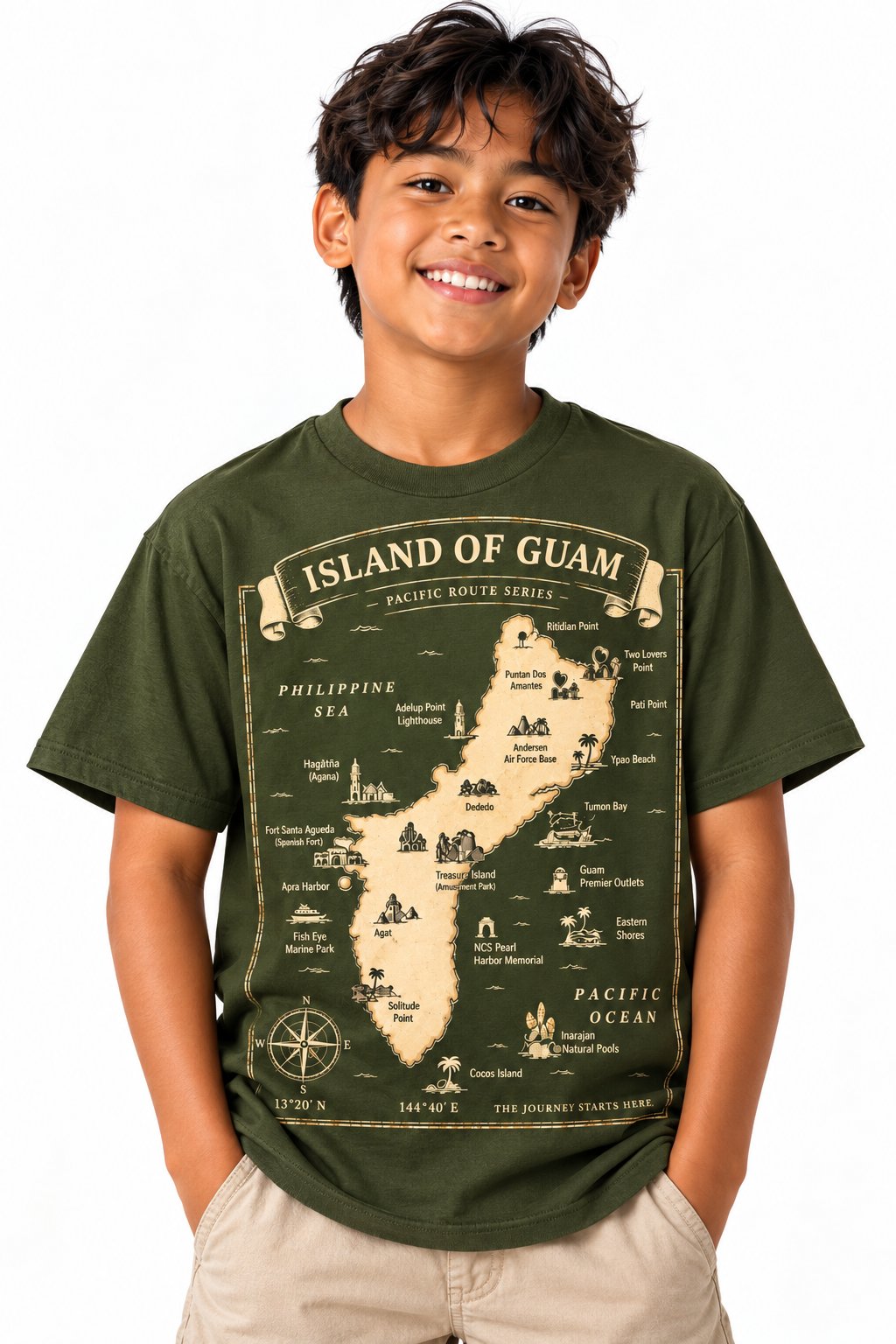 Kids Island of Guam map t-shirt in green with bright yellow Guam map print