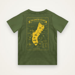 Kids Island of Guam map t-shirt in green with bright yellow Guam map print