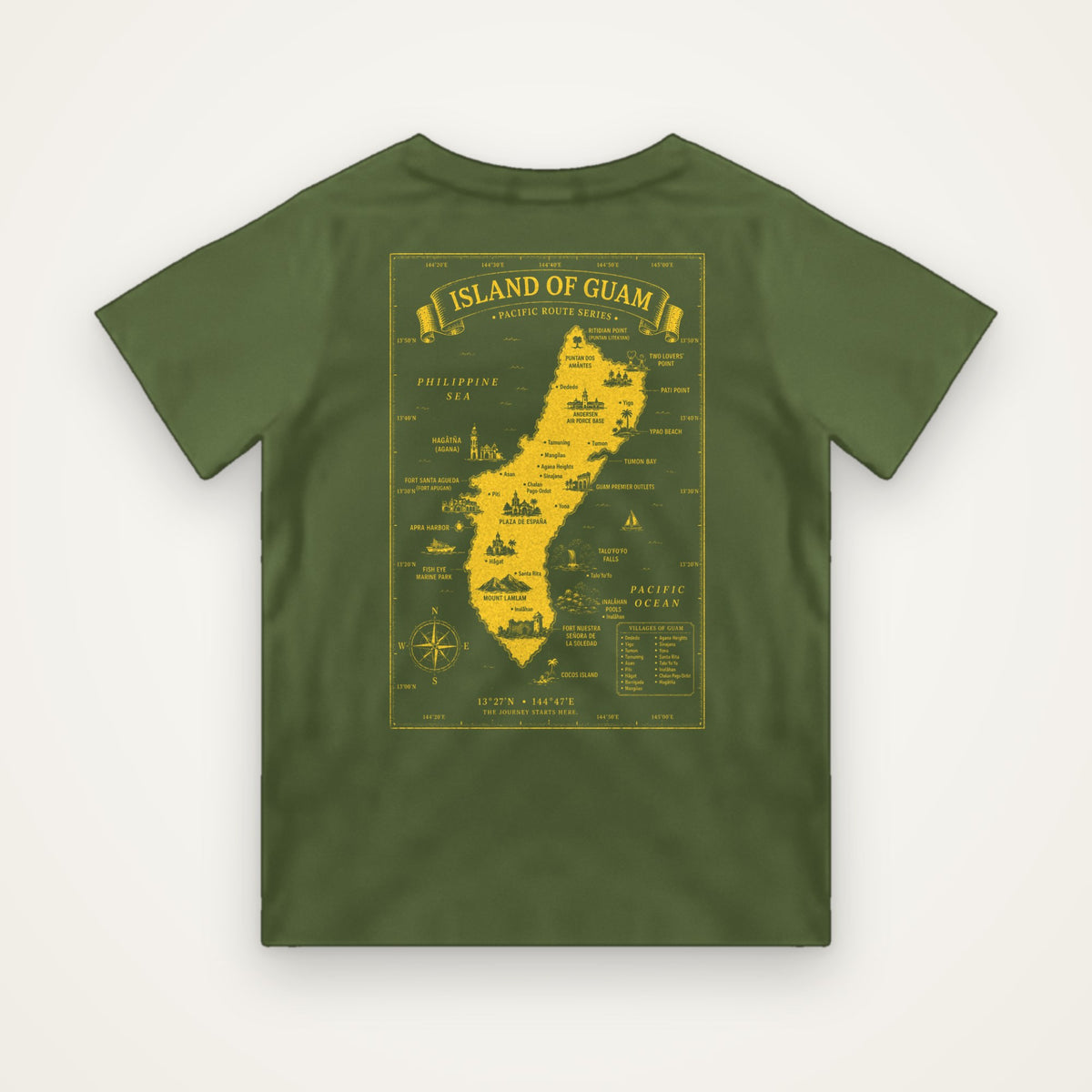 Kids Island of Guam map t-shirt in green with bright yellow Guam map print