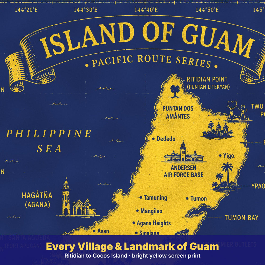 Close-up of the kids Island of Guam map print showing Hagåtña, Dededo, Yigo and Two Lovers Point
