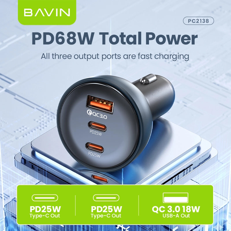 BAVIN PC2138 68W Three-Port Fast-Charging Car Charger