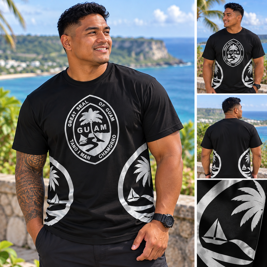Man wearing the black and silver Guam Seal t-shirt on a Guam coastline