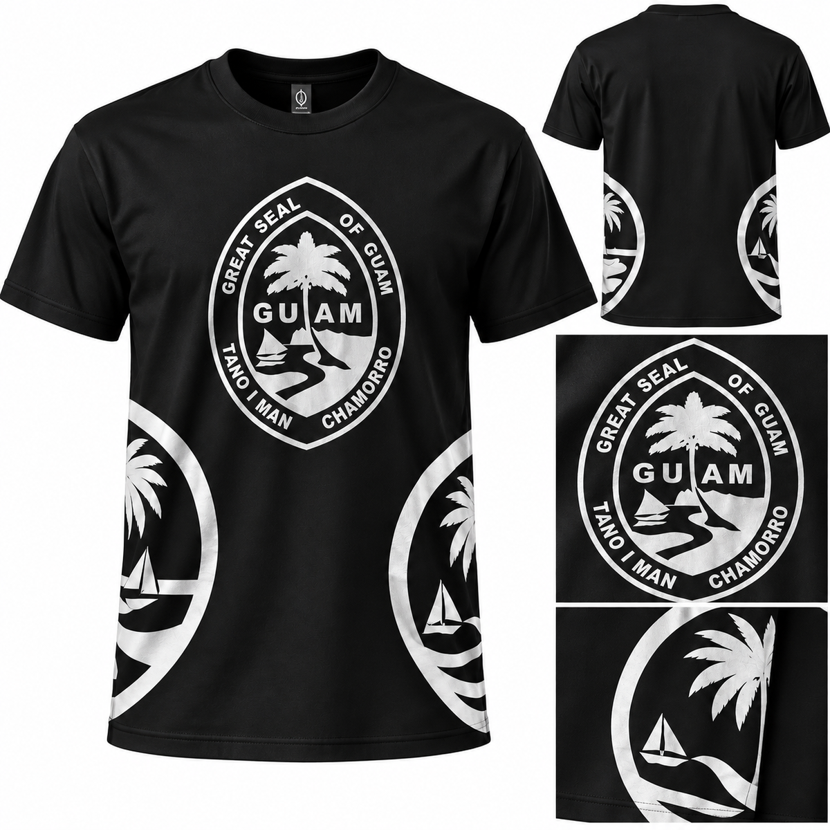 Black and silver Guam Seal tee – front, back and close-up of the silver seal print