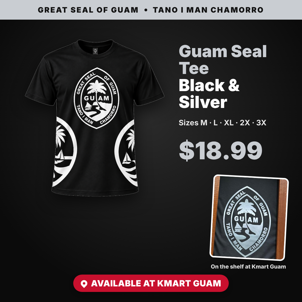 Guam Seal T-Shirt Black & Silver, sizes M–3X, $18.99 – available at Kmart Guam
